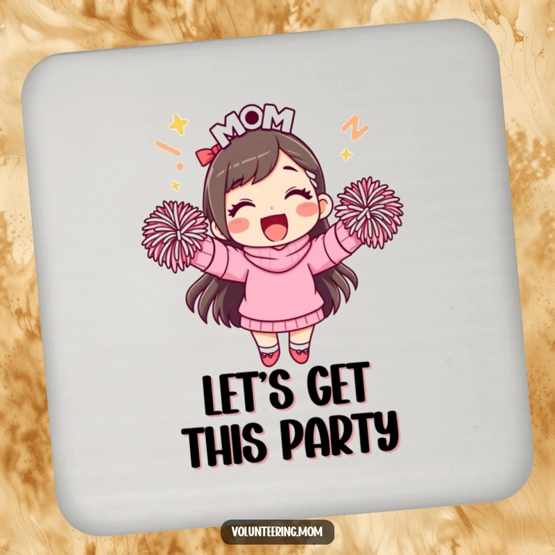Funny mom coasters, with a smiling mom and pom-poms, adding cheer and protection to tables.