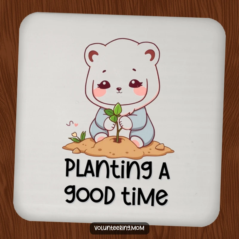Funny Kawaii mom animal character coasters set, illustrating the gentle planting of a sapling, adding a touch of nature to tables.