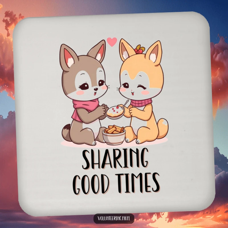 Funny Kawaii mom animal character coasters set, illustrating the generous sharing of food, adding a touch of kindness to tables.