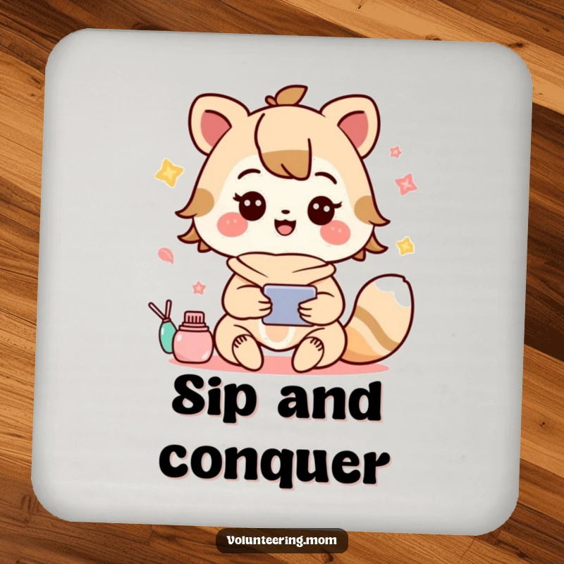 Funny drink coasters with a charming Kawaii mom animal character joyfully handling several things at once, protecting your tables.