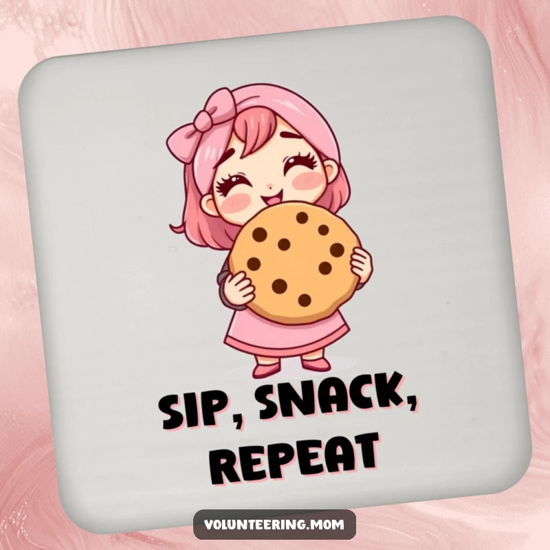 Funny mom coasters, with a proud mom holding a giant cookie, adding sweetness and protection.