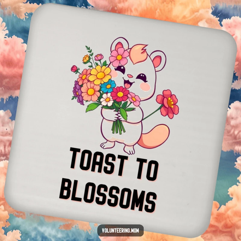 Funny Flower Coaster featuring a smiling whimsical creature presenting a bouquet of flowers, adding charming floral protection.