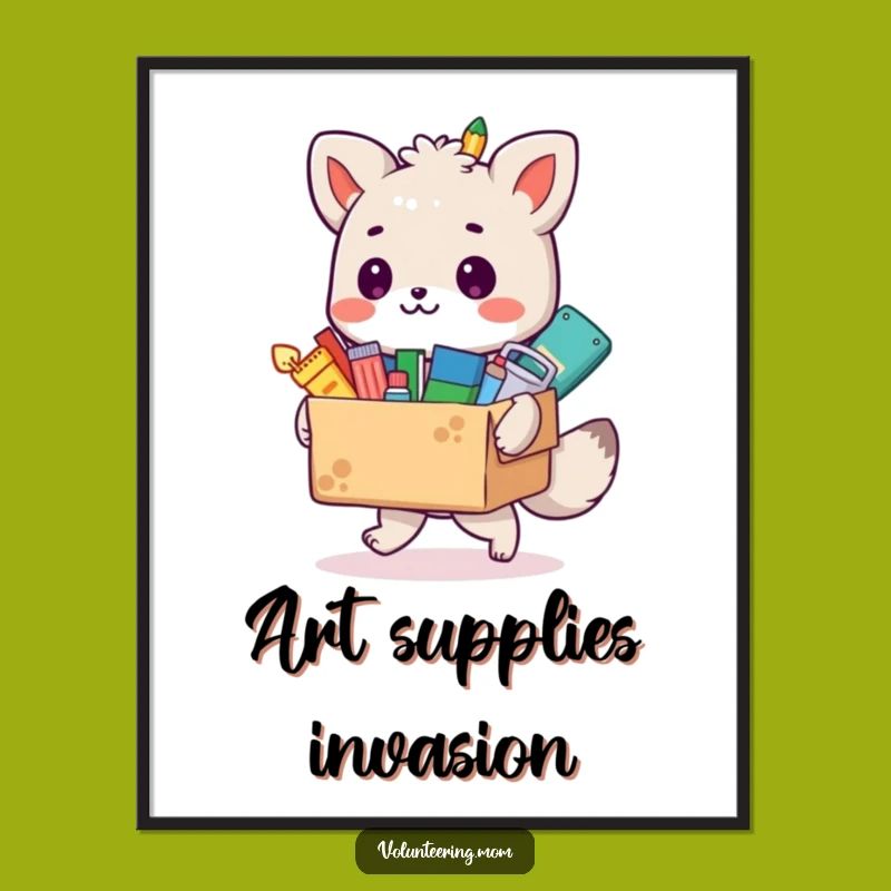 Funny Animal Artist Poster, Overflowing Art Supplies Scene, Hilarious Wall Art Gift!