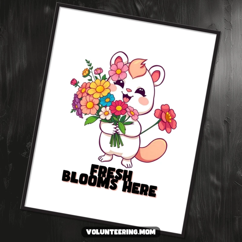 Funny Flower Poster illustrating a smiling whimsical creature with a bouquet of vibrant flowers, evoking cheer and magic.