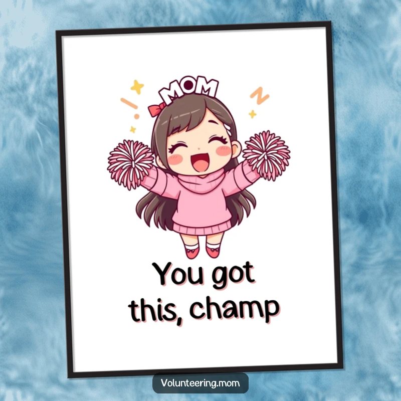 Funny mom poster, showcasing an energetic mom with pom-poms, bringing cheer to any room.