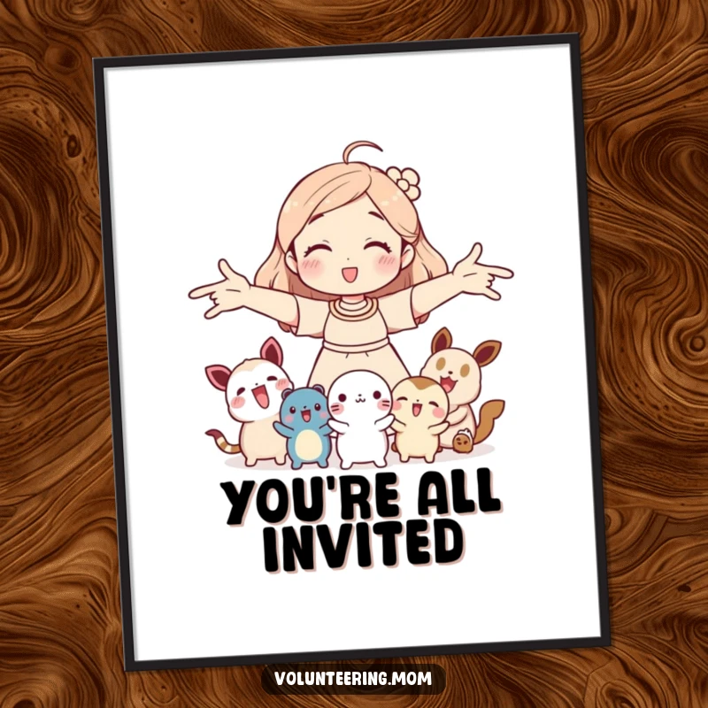 Funny poster: Mom open-armed welcoming cute creatures, a humorous and heartwarming illustration, perfect wall art gift.