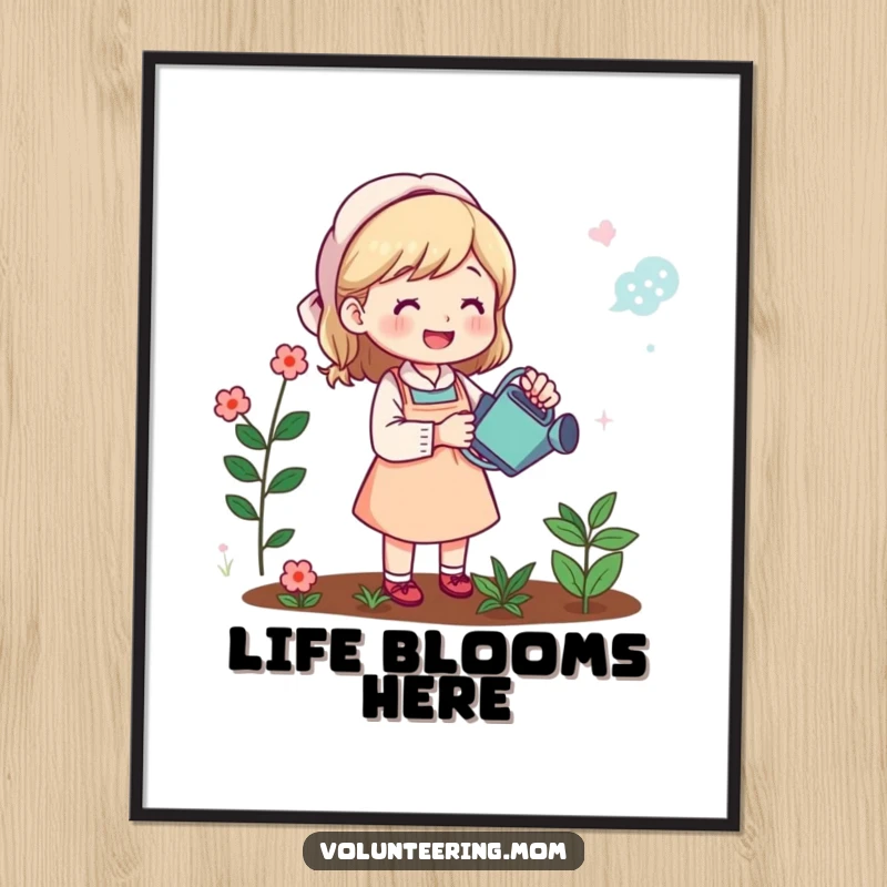 Funny poster: Mom joyfully watering a lush garden, capturing a funny, nurturing spirit, perfect wall art gift.