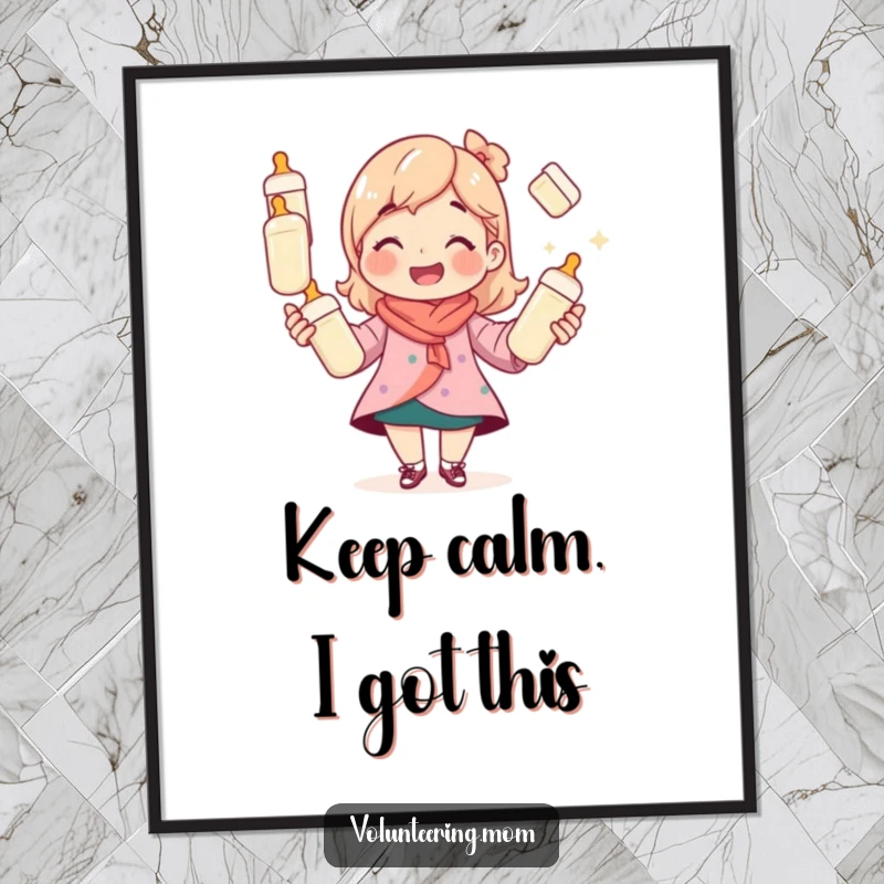 Funny mom poster featuring a smiling mom juggling baby bottles, perfect for nursery or playroom decor.