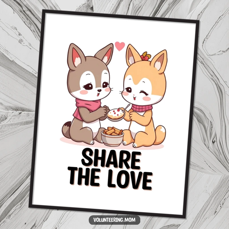 Funny Kawaii mom animal character poster, depicting the act of generously sharing food with another character, radiating warmth and compassion.