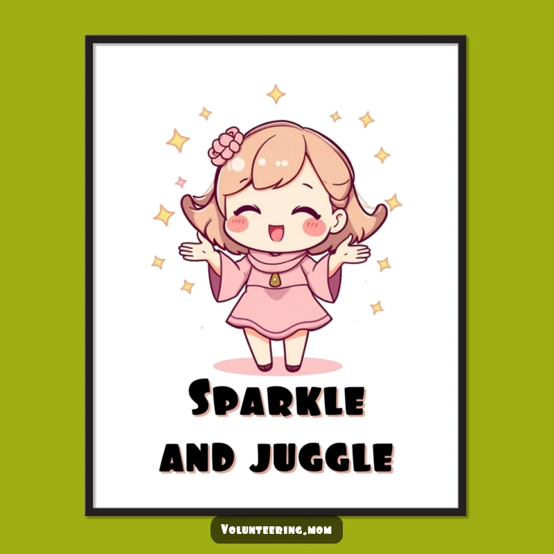 Funny Kawaii Mom Juggling Poster - Sparkly Mom Life Wall Art Gift