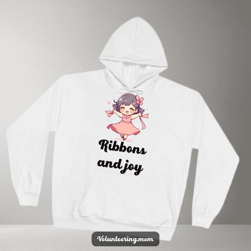 Funny hoodie depicting a mom character in a playful spin with a flowing ribbon, full of joyful movement.