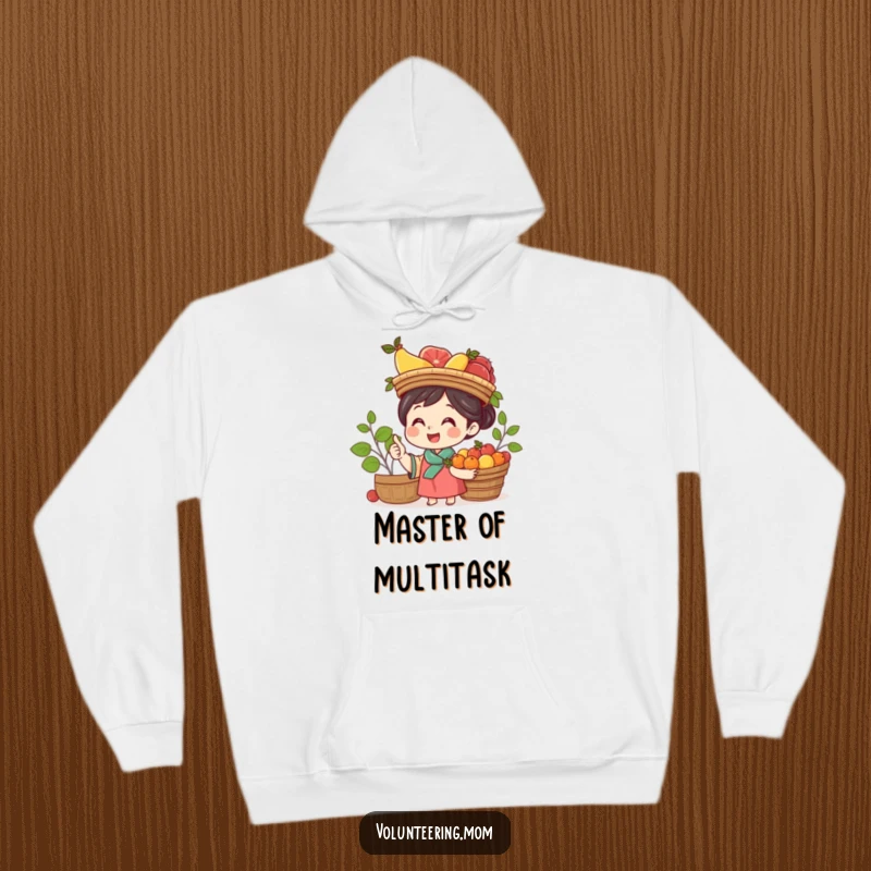 Funny Mom Hoodie: A happy mom artistically balancing a basket laden with fruit atop her head, looking cheerful.