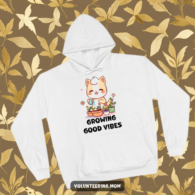 Kawaii mom anthropomorphic animal watering plants, warm hooded sweatshirt, cute gardening theme, humorous graphic, gift.