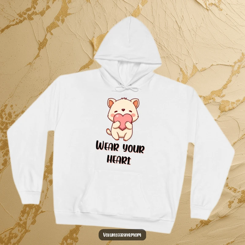 Funny Hug Hoodie featuring a cute animal character giving a gentle embrace to a large heart symbol, perfect for cozy warmth.