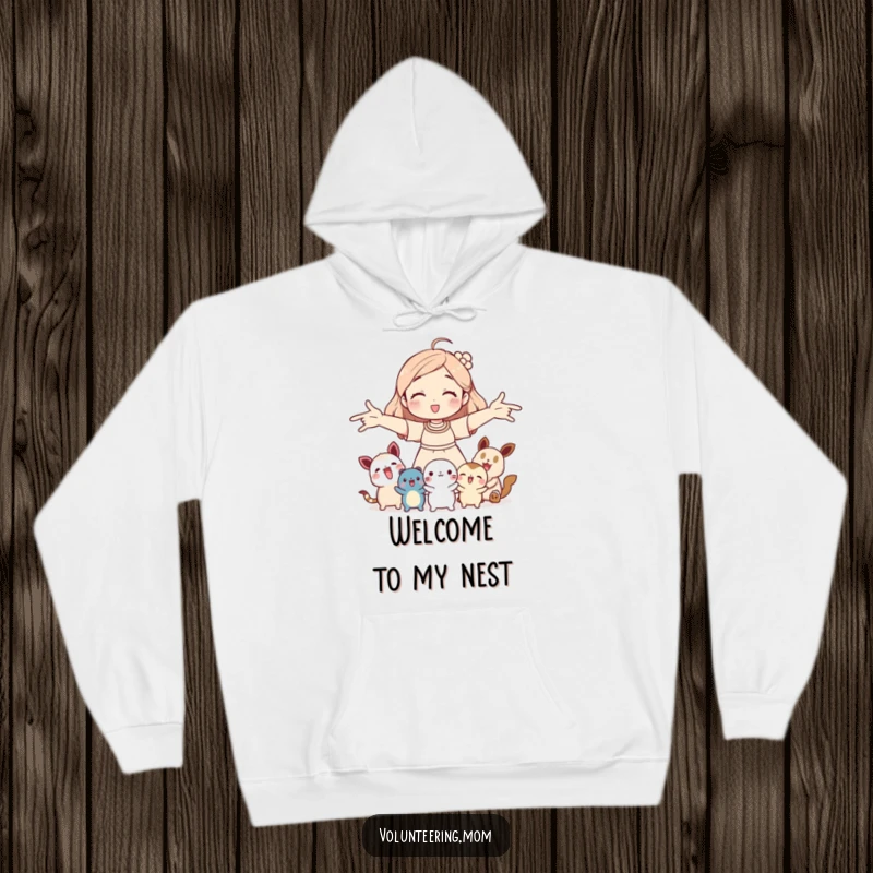Funny hoodie: Mom embracing small creatures with open arms, a humorous and cozy depiction, perfect gift.