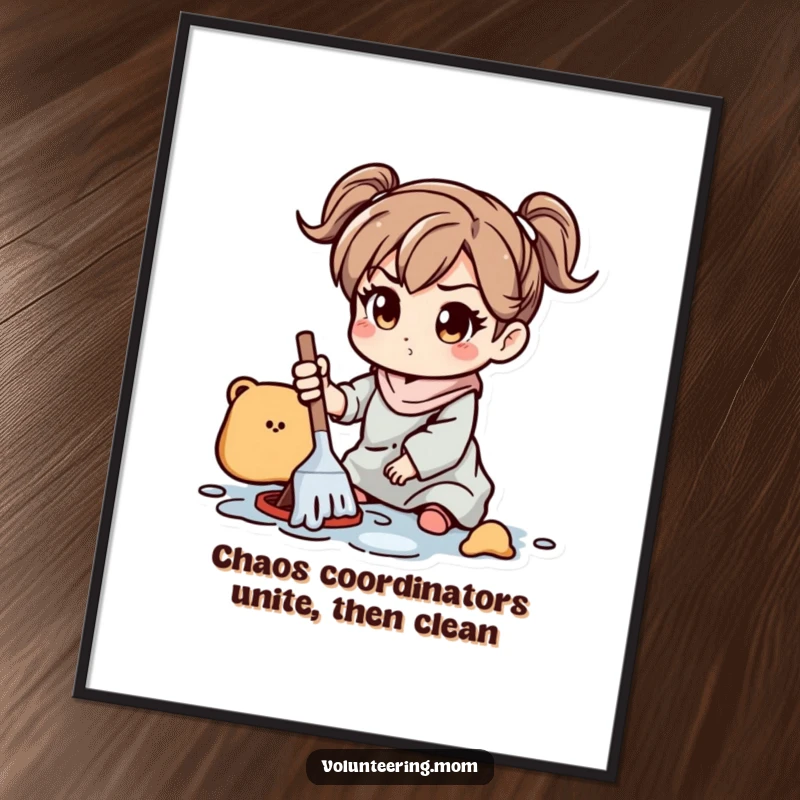 Funny Free Printable Wall Art: A determined mom character energetically cleaning a wonderfully playful mess, showcasing her cleaning prowess.