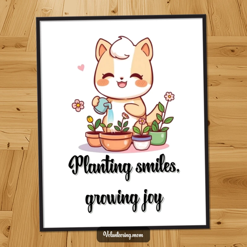 Funny Free Printable Wall Art featuring a kawaii mom animal character happily watering potted plants. Cute and humorous downloadable decor.