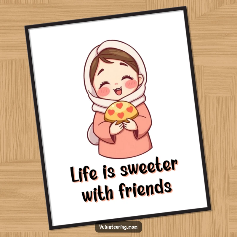 Funny Free Printable Wall Art: A mom character sharing a delicious pastry while giving a warm, affectionate hug.