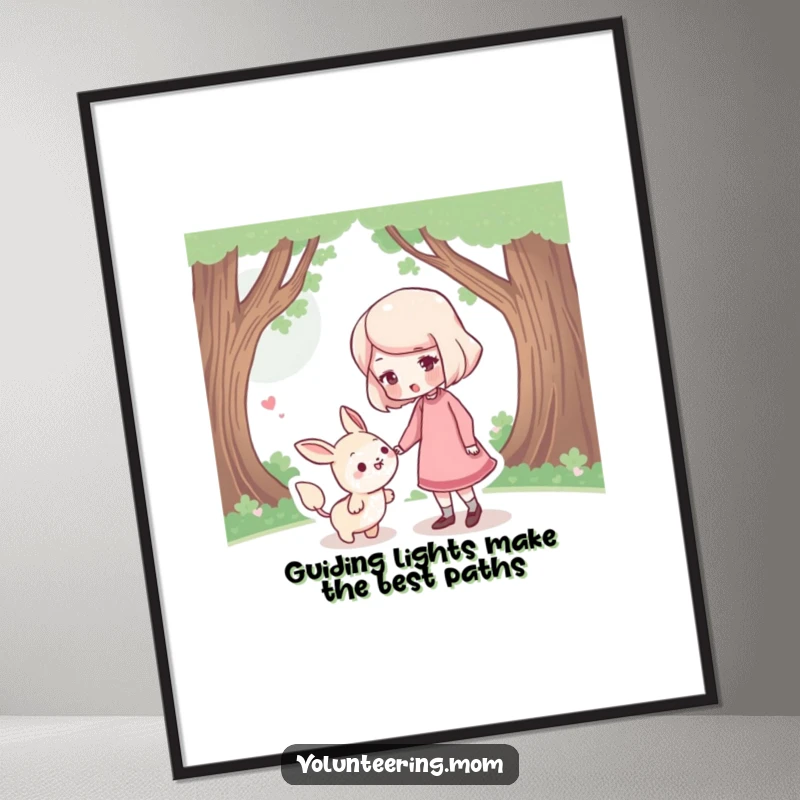 Funny Free Printable Wall Art: A mom character gently guiding a small, lost creature with a reassuring nudge.