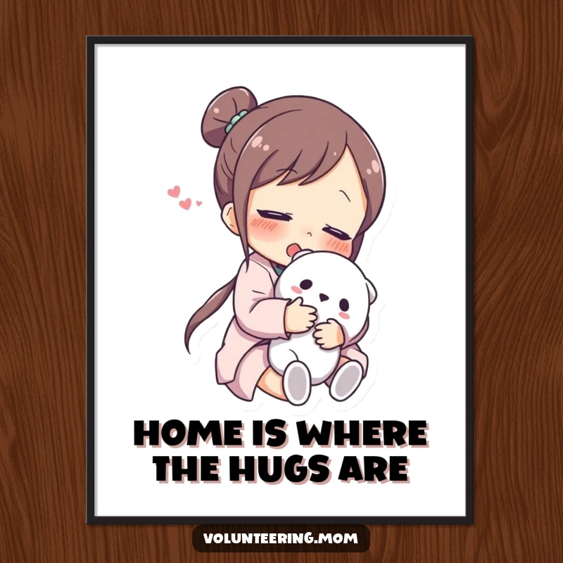 Funny Free Printable Wall Art: A mom character embracing a cuddly toy, her face showing immense relief and happiness.