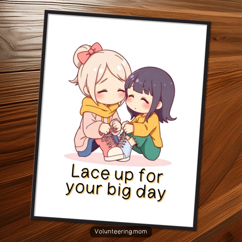 Sweet Free Printable Wall Art: Mom character tenderly tying the shoelaces of a smaller character