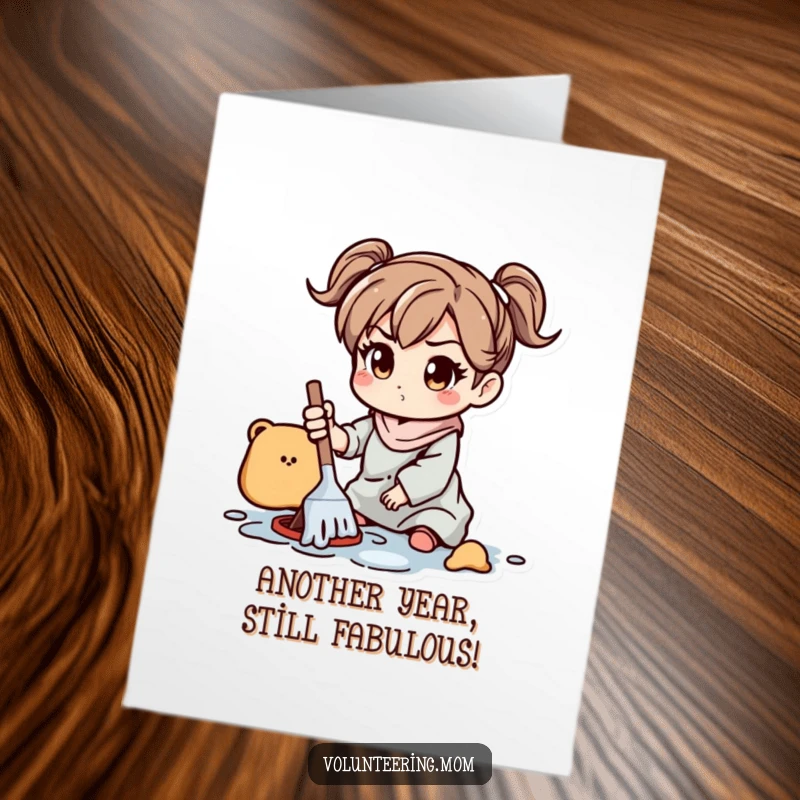 Funny Free Printable Birthday Card: A mom character with a determined expression cleaning up a colorful, playful mess with gusto.