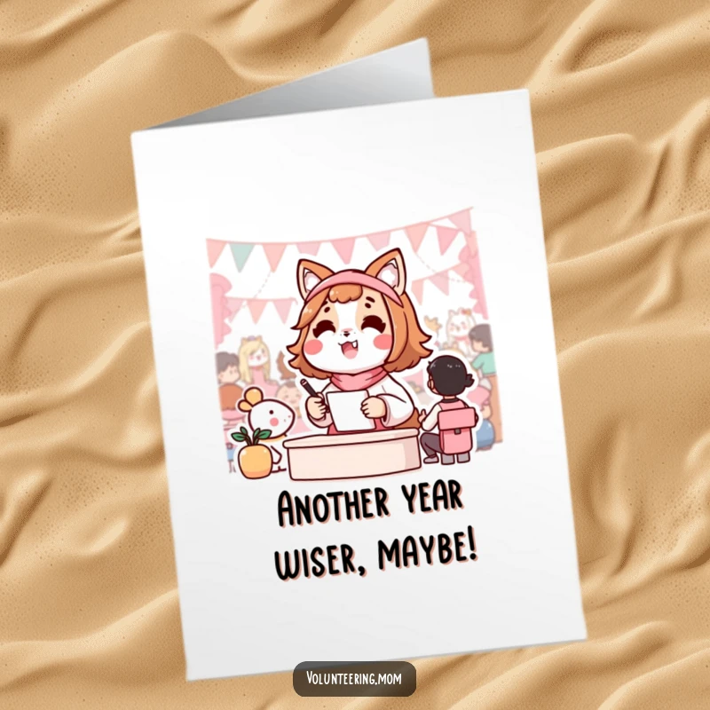 Funny free printable Kawaii mom animal character joyfully organizing a community event, ideal for a birthday card.