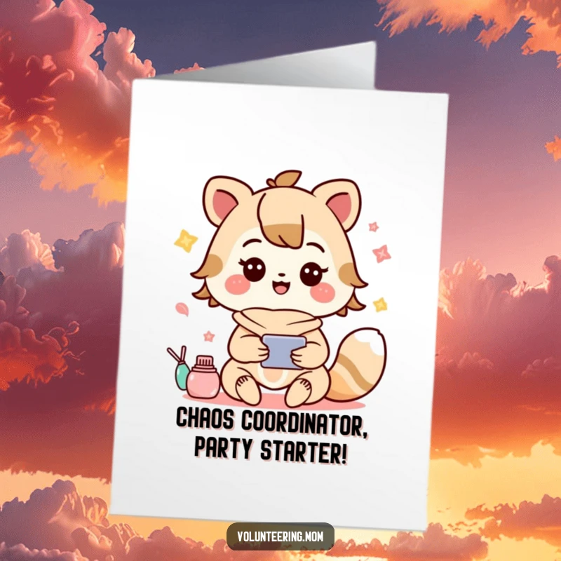 Funny free printable Kawaii mom animal character joyfully juggling tasks, perfect for a busy birthday greeting card.