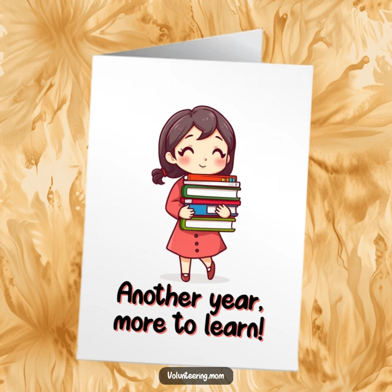 Funny Free Printable Birthday Card: Mom juggling a tall stack of colorful books, wishing a happy birthday.