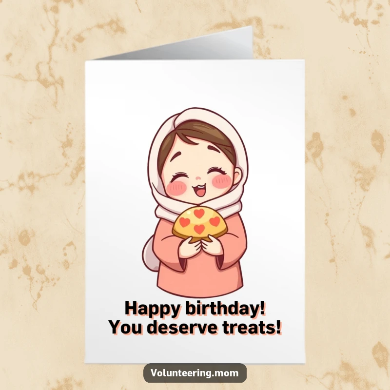 Funny Free Printable Birthday Card: A mom character giving a warm hug while sharing a decadent, delicious pastry.