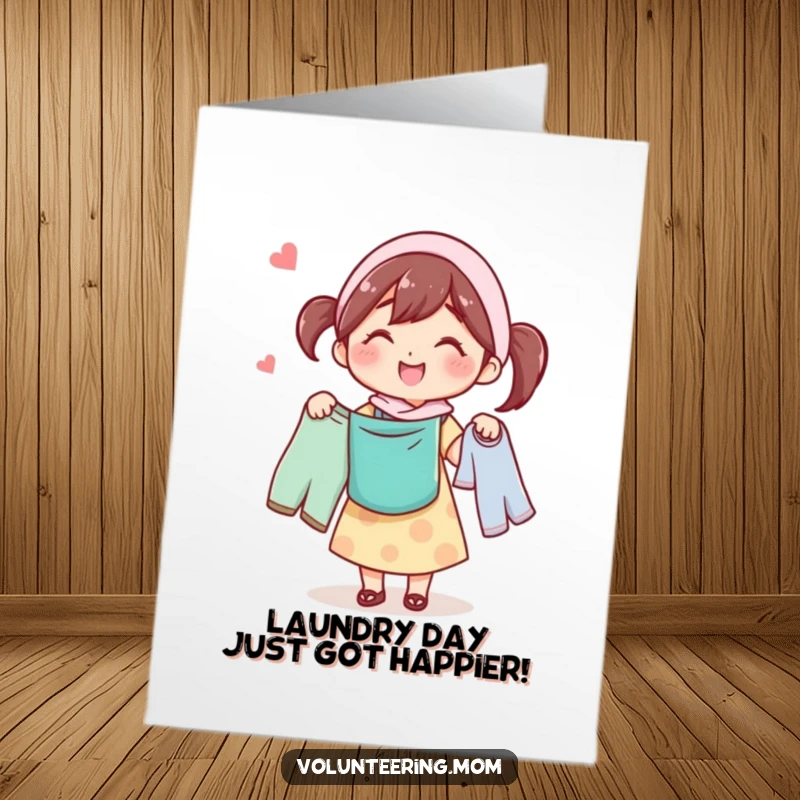 Funny Free Printable Birthday Card featuring a mom character humming contentedly while balancing a large pile of laundry, smiling brightly.
