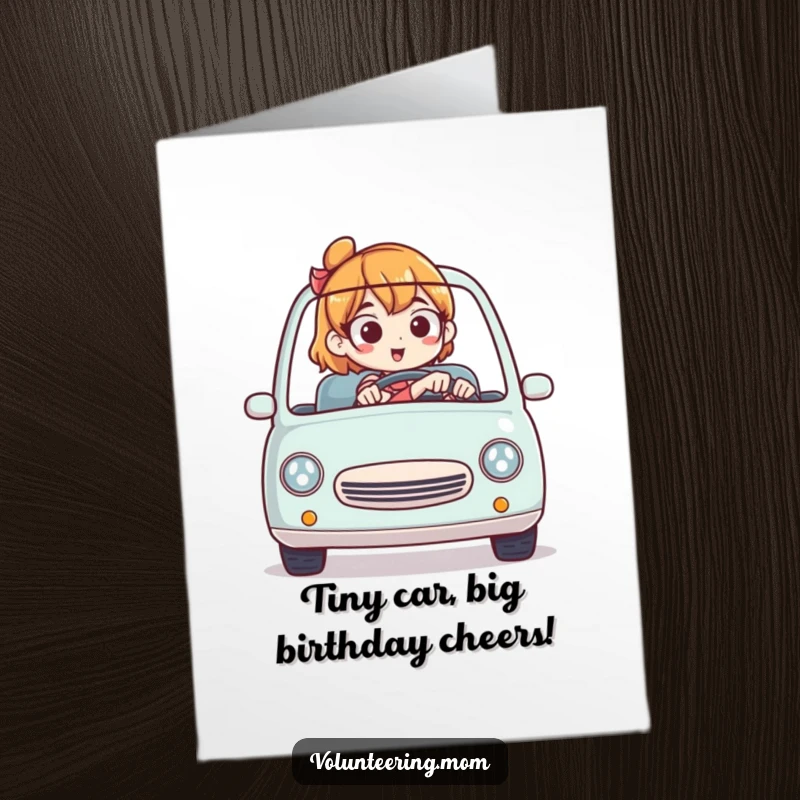 Funny Free Printable Birthday Card: Mom expertly driving a miniature car with determination and humor.