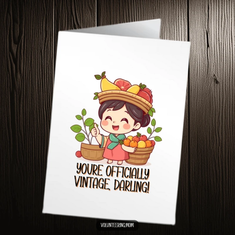 Funny Free Printable Birthday Card: Mom giggling while balancing a colorful fruit basket on her head, giving a cheerful nod.