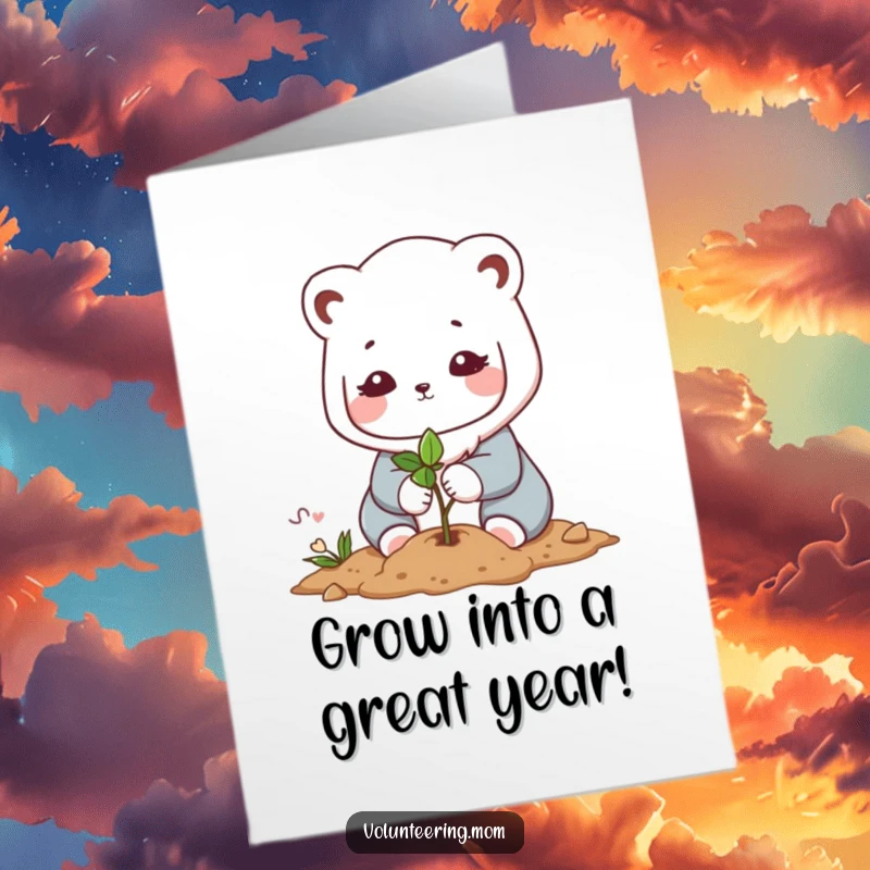 Free Printable Birthday Card featuring a nurturing Kawaii mom animal character carefully planting a tiny sapling for future growth.