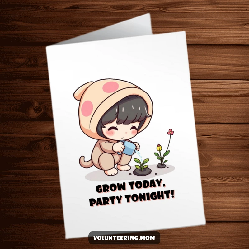 Funny Free Printable Birthday Card: Playful character carefully watering a small, glowing magical plant.