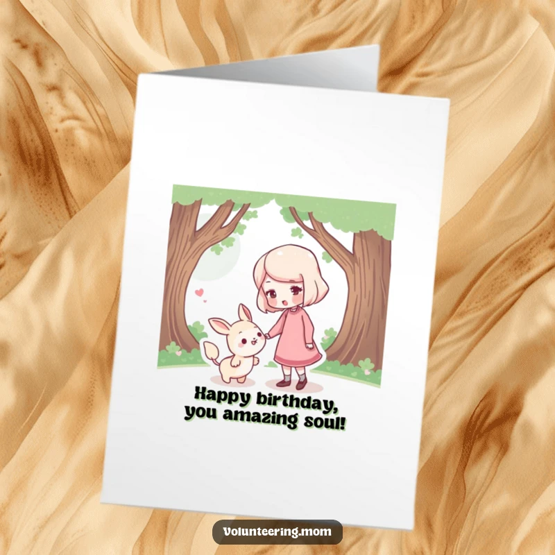 Funny Free Printable Birthday Card: A mom character gently nudging a small, bewildered lost creature in the right direction.