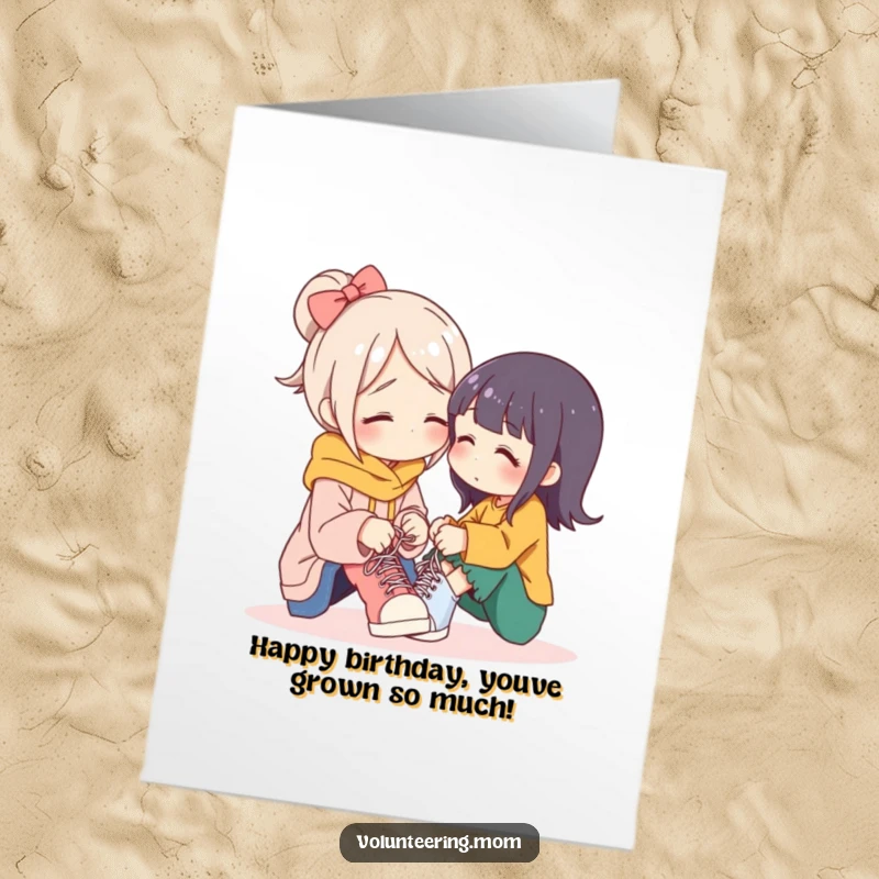 Sweet Free Printable Birthday Card: Mom character carefully tying a smaller character's shoelaces