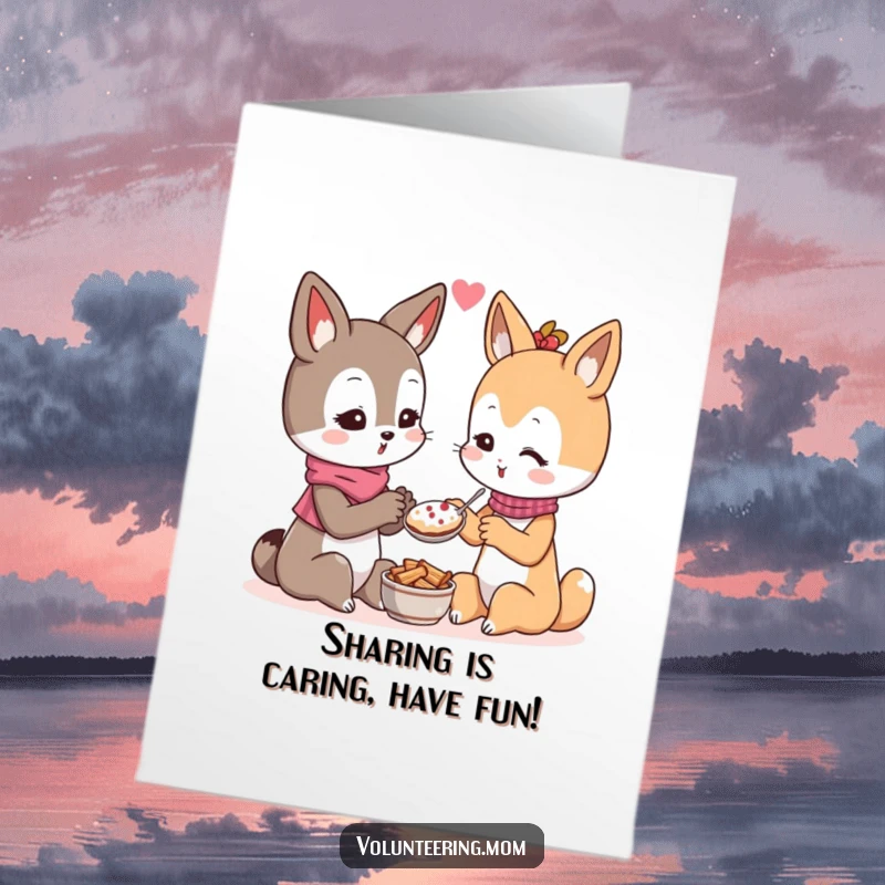 Free Printable Birthday Card showing a kind Kawaii mom animal character generously sharing food with another character.