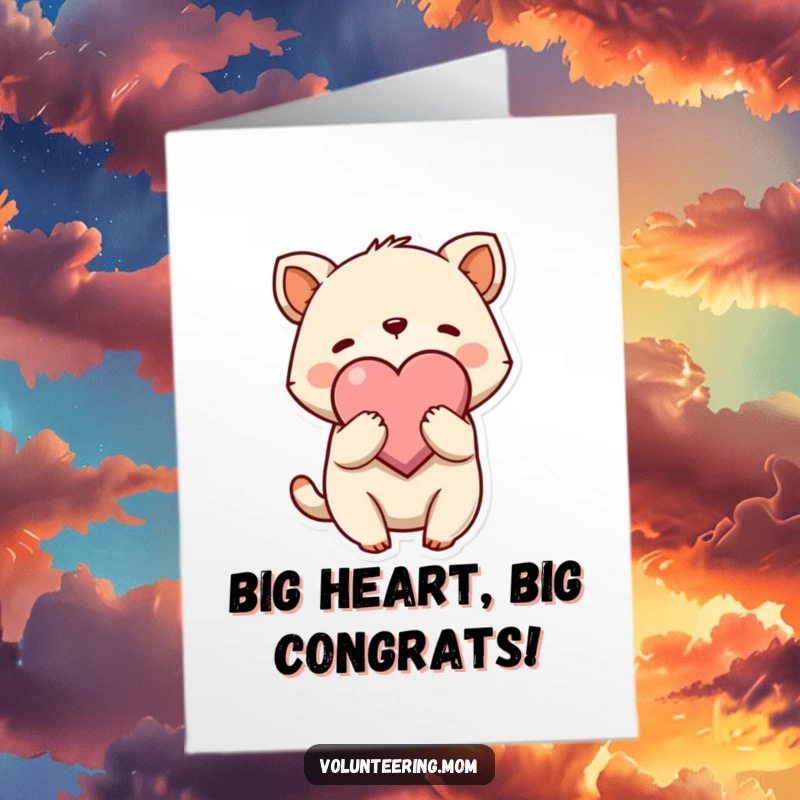 Funny Free Printable Congrats Card: Cute animal character offering a gentle embrace with a large heart, showing affection.