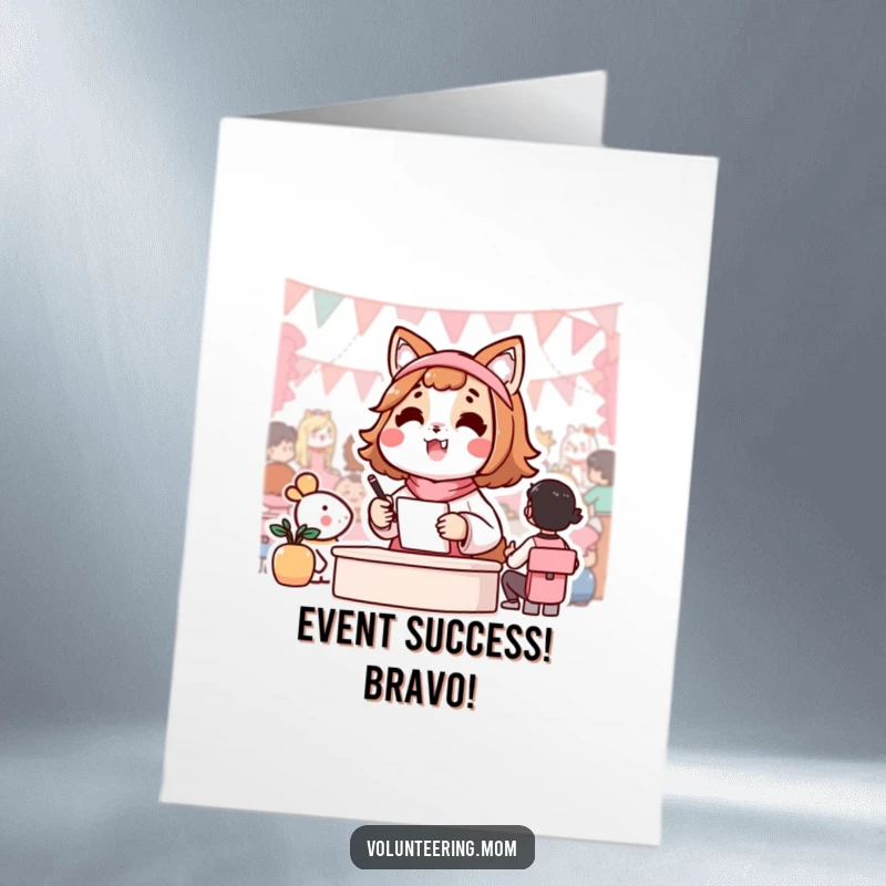 Funny free printable Kawaii mom animal character beaming at a successful community event, perfect for congrats card.