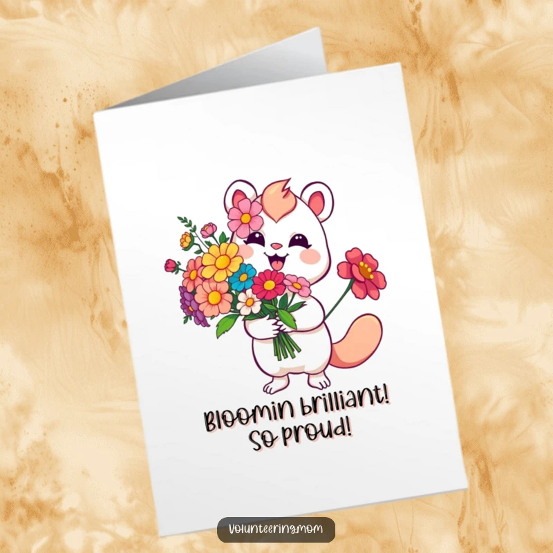 Funny Free Printable Congrats Card: A smiling whimsical creature presenting a beautiful bouquet of vibrant flowers.
