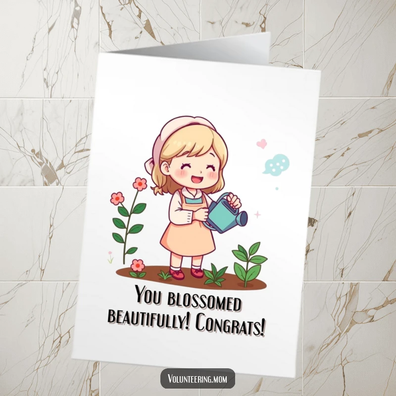 Funny Free Printable Congrats Card: Mom tending her garden celebrating success, a cheerful downloadable art.