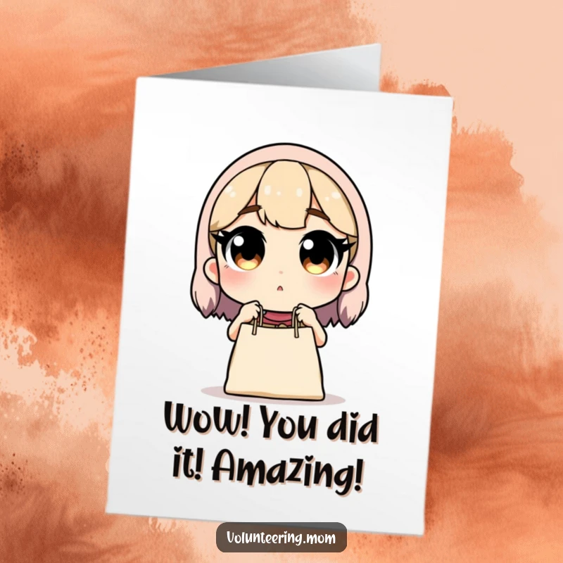 Funny Free Printable Congrats Card: Mom surprised by dropped groceries, a humorous downloadable art.