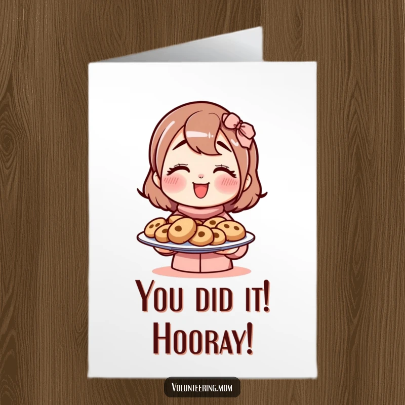 Funny Free Printable Congratulations Card: Joyful mom presents a plate of cookies, celebrating success with sweetness.