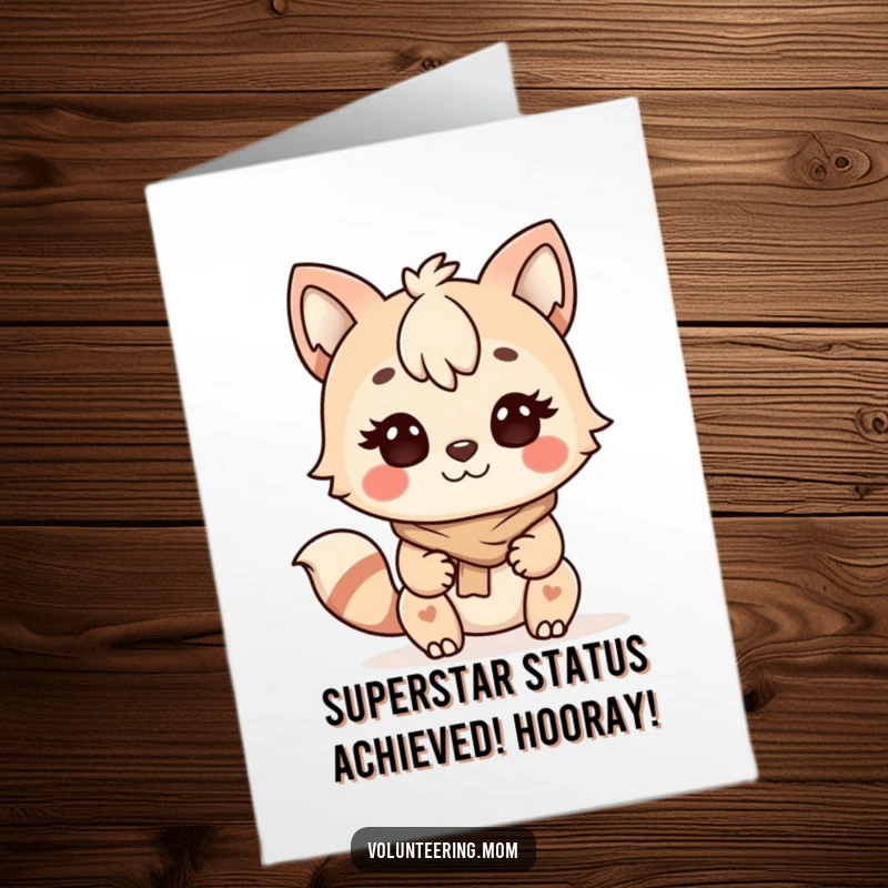 Funny Free Printable Congratulations Card of a determined, happy Kawaii mom animal helping others, celebrating success.