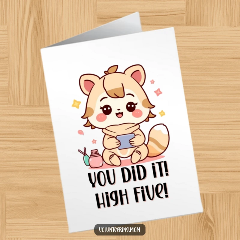 Funny free printable Kawaii mom animal character celebrating multitasking joyfully, ideal for a congratulations card.