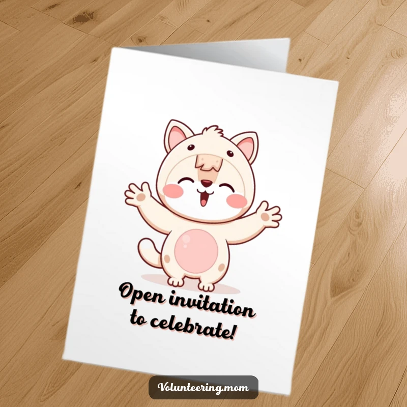 Funny Free Printable Kawaii Mom Congrats Card: Kawaii mom animal character with open arms, inviting connection for congratulations.
