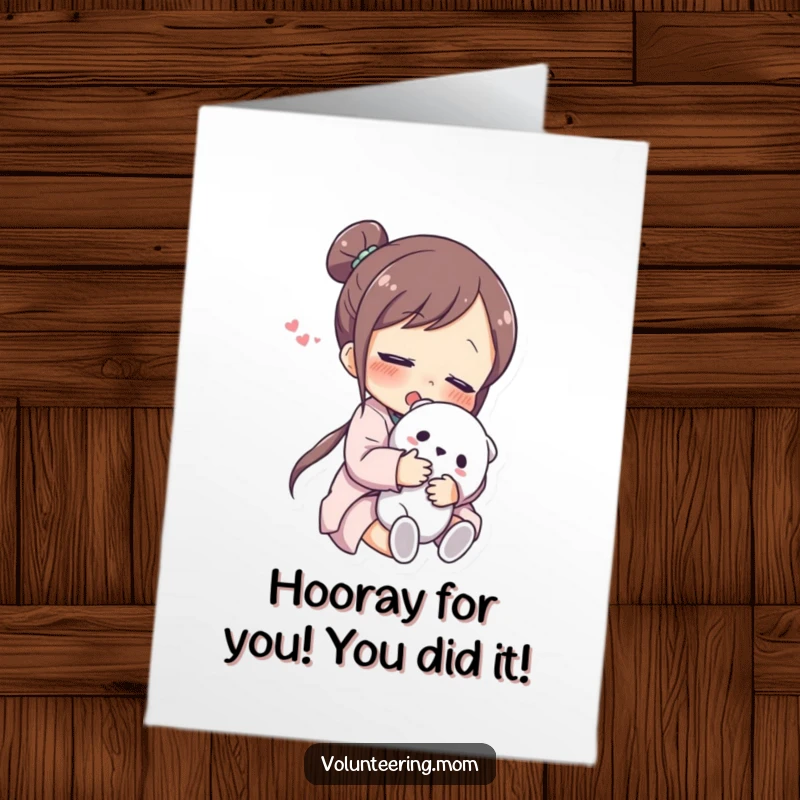 Funny Free Printable Congratulations Card: A mom character exhaling in relief while giving a huge hug to a cherished cuddly toy.