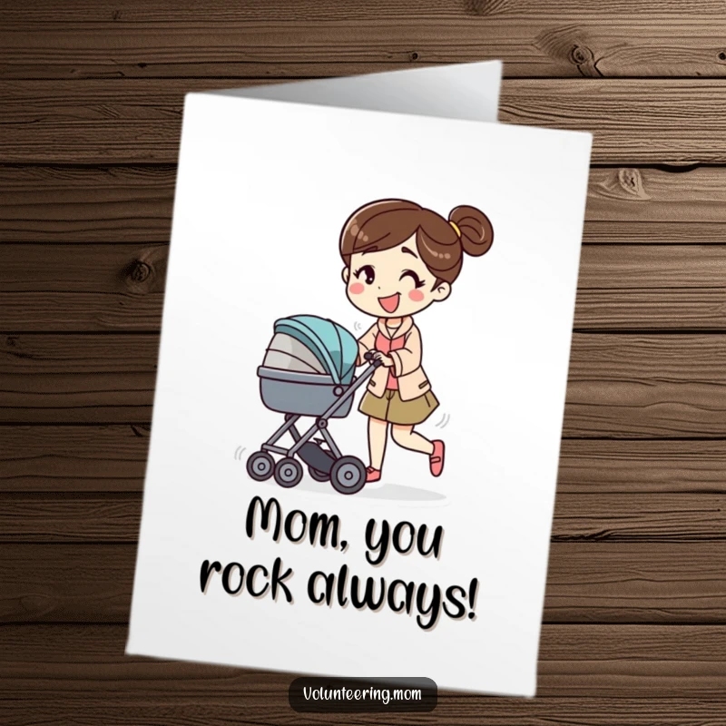 Funny Free Printable Congratulations Card: A smiling mom character energetically pushes a baby stroller, celebrating milestones and daily victories.