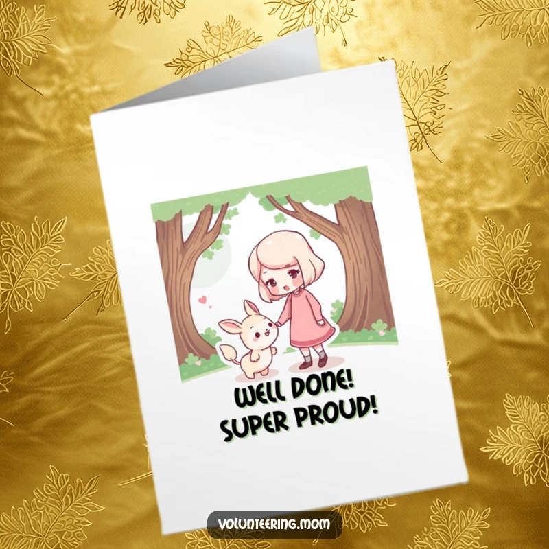 Funny Free Printable Congratulations Card: A mom character offering a gentle nudge to a lost creature, showing the way forward.